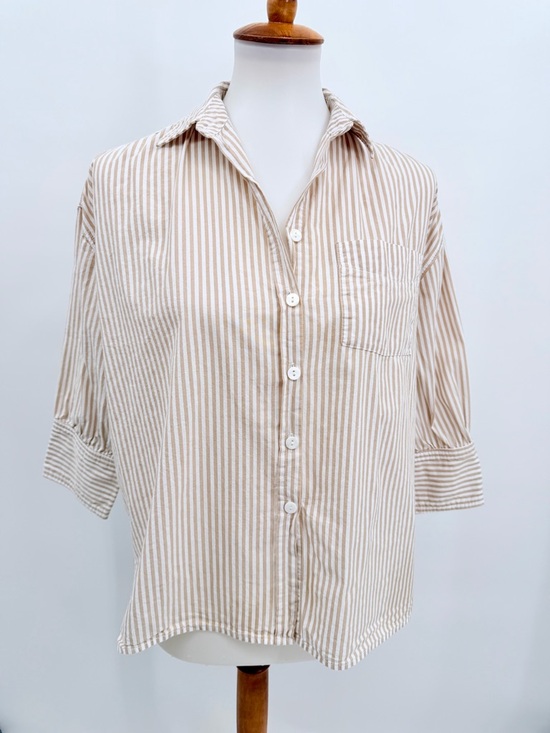 TUCKERNUCK Adair Tan White Striped Boyfriend Blouse in Beachwood Stripe - Picture 2 of 7
